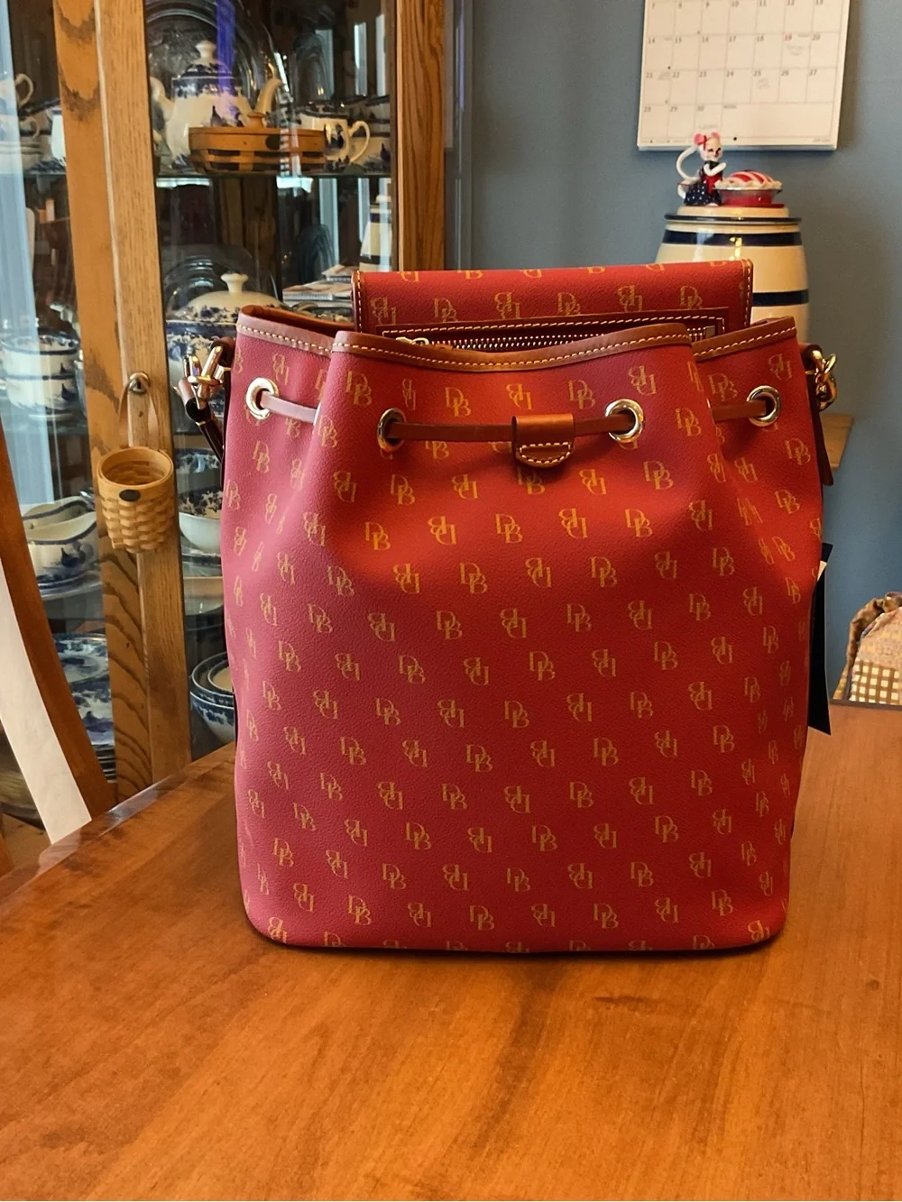 Dooney & Bourke Red Gretta Drawstring Bucket Shoulder Bag with wallet - Picture 2 of 16